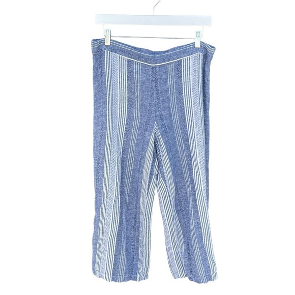 J. Jill Linen Blend Wide Leg Crop Pants Blue White Stripes Buttons Lagenlook Med - Picture 1 of 9